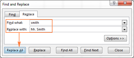 Click Replace to swap the found occurrences one by one, or Replace All to swap all the entries at a time.