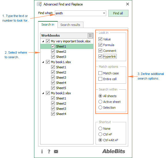 Type text or numbers to search for and configure additional options if needed.