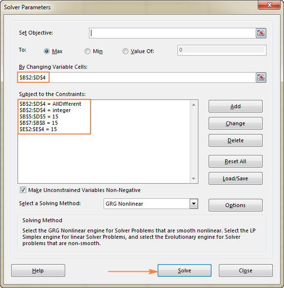 Set up the Excel Solver parameters.