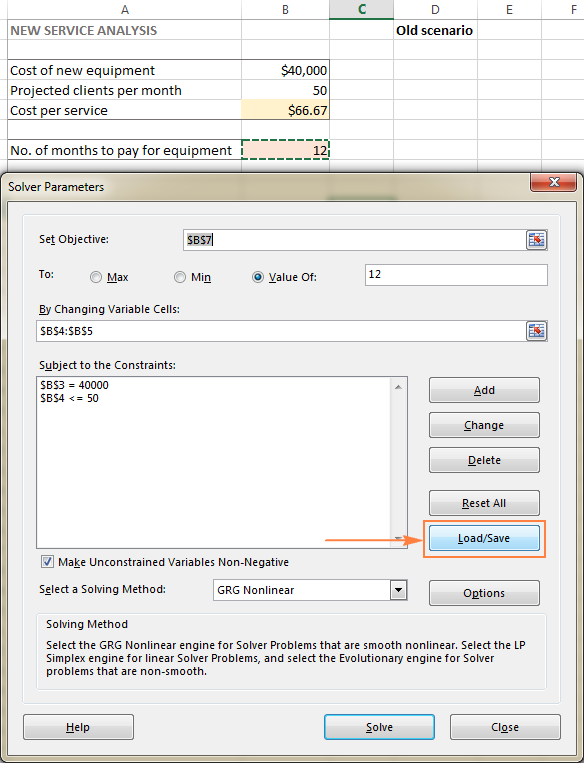 Saving the Excel Solver scenario