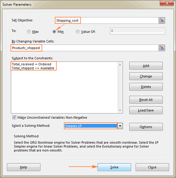 Configure the Excel Solver parameters.