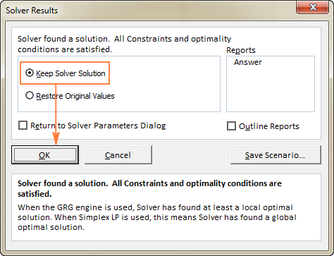 The Solver Results dialog window