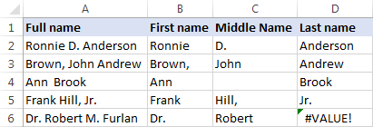 Errors when splitting names in Excel