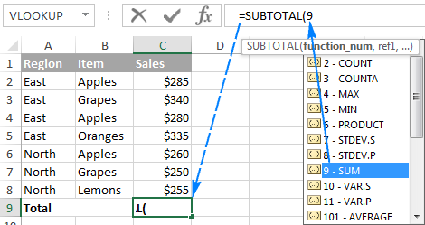 Making a Subtotal 9 formula in Excel