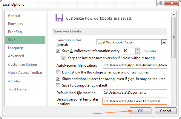 Setting up the Default personal templates location