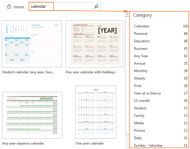 Browsing Excel templates by category