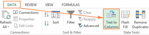 Switch to the Data tab and click Text to Columns.