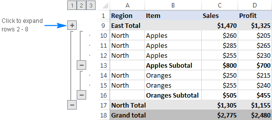 Click the plus sign for the group of rows you want to expand.