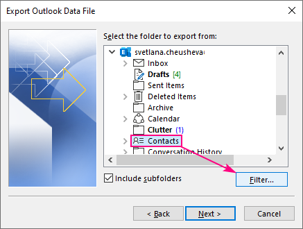 Filter the contacts to be exported.