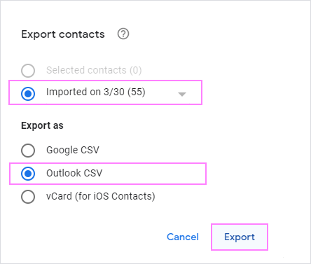 Choose which contacts to export to the Outlook CSV format.