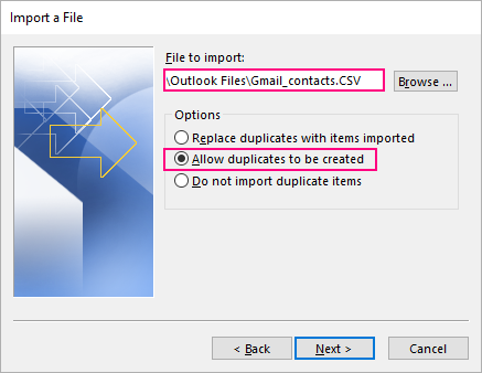 Select the CSV file to import and choose how to handle duplicate contacts.