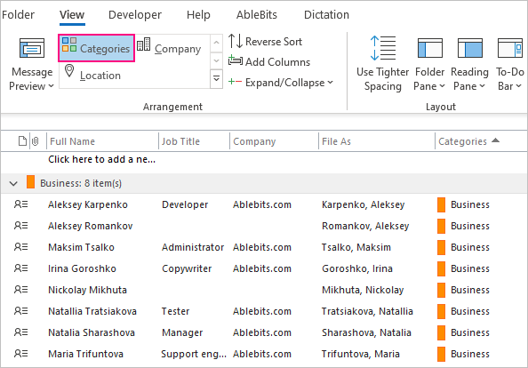 Group contacts by category.