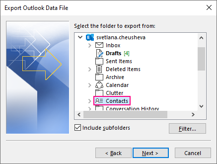 Select the Contacts folder to export.