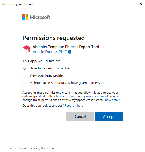 Export: requested permissions.