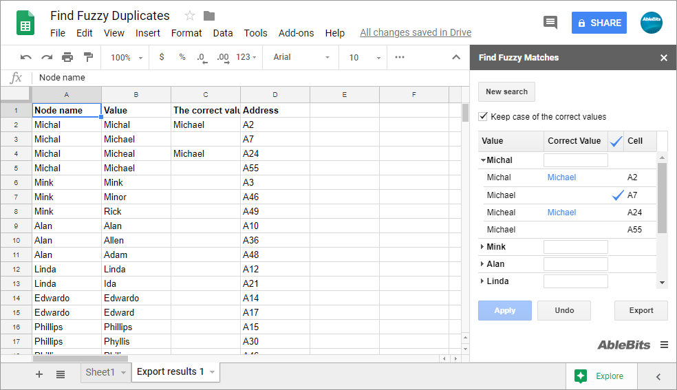 Copy found groups of misspellings to another sheet to review