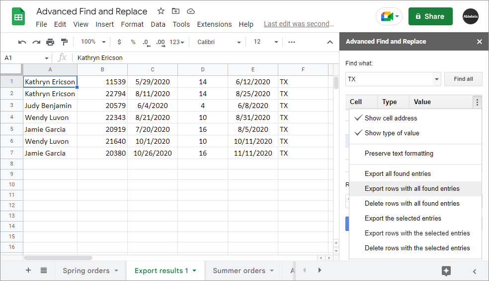 …or export all rows with found values to another sheet…