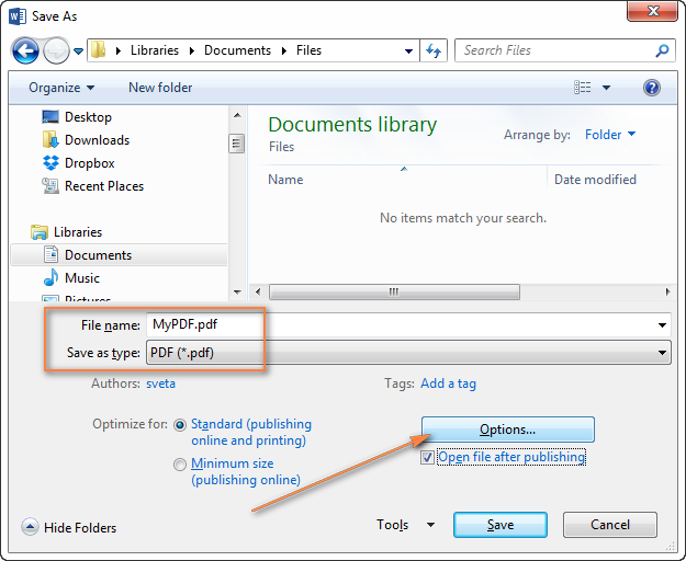 Converting a Word document to PDF using the Save As feature.