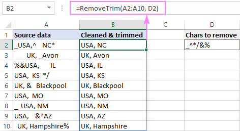 A custom LAMBDA function to remove unwanted characters and trim extra spaces