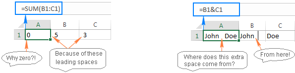 Excel formulas not working because of extra spaces