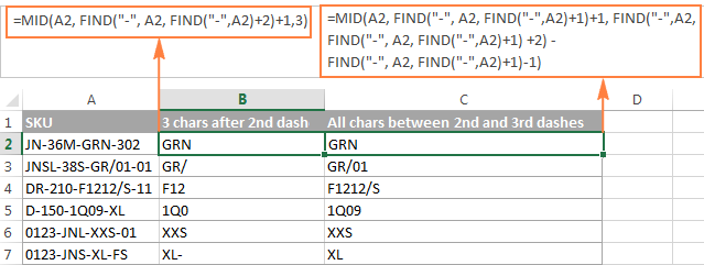 FIND formulas to extract three or all the characters between the 2nd and 3rd dashes