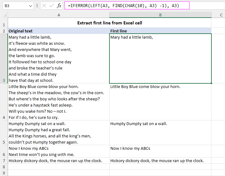 Extract the first line in Excel cell with a formula.