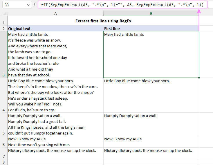 Extract the first line from a cell using regular expression.