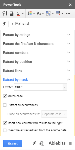 Extract data by mask in Google Sheets.