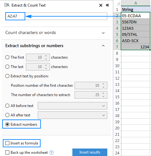 Extract numbers and insert the results as formulas or values.