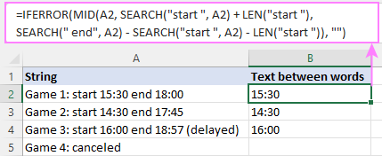 Formula to extract text between two words in Excel