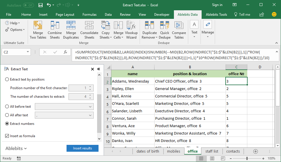 A column with all numbers in the chosen range is inserted; the values are inserted as a formula