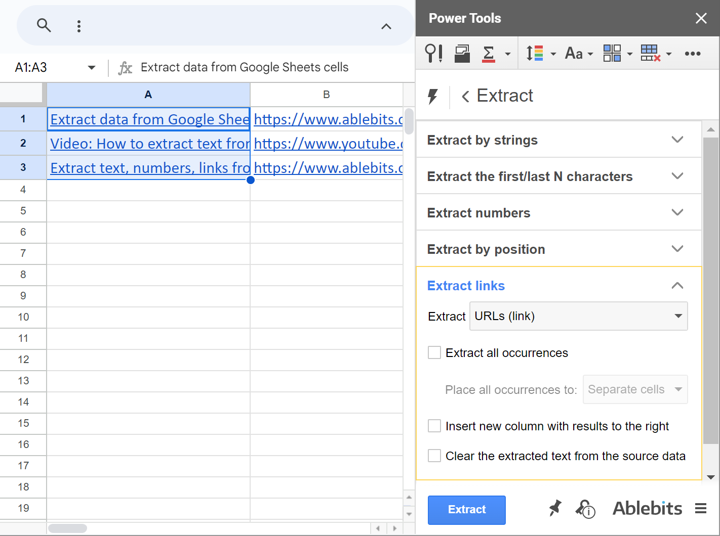 Extract URLs from hyperlinks in Google Sheets.