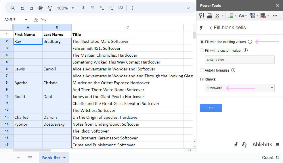 Fill blank cells with the existing values downwards.