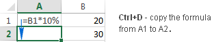 Press Ctrl + D to copy a formula from the cell above.