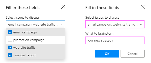 Make choices in the dropdown menu and enter some text in the input box.