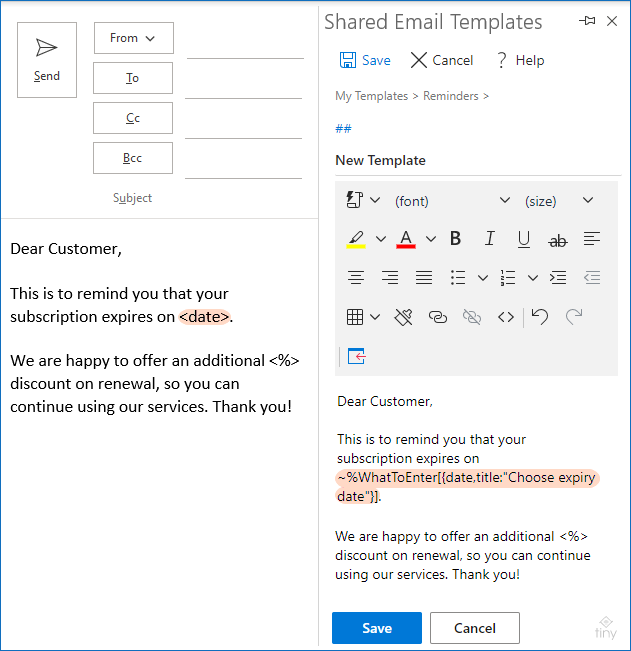 A properly configured macro is inserted in the email template.