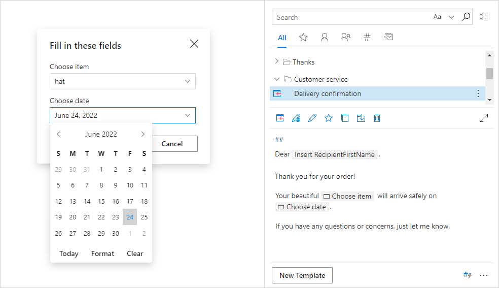 A personalized email template with fillable fields: a dropdown list and calendar.