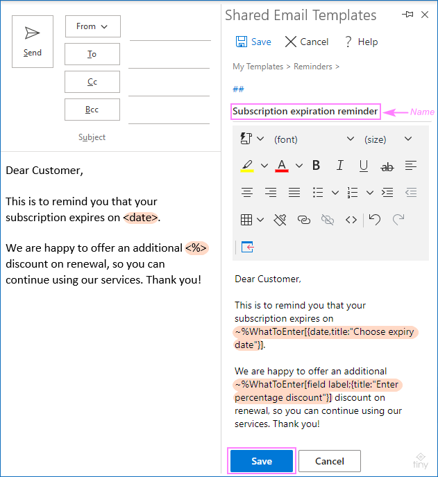 A fillable email template for Outlook