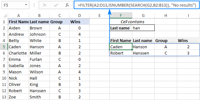 A formula to filter cells containing specific text