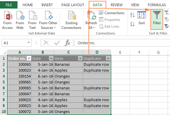 Apply Excel's auto filter to a table with identified duplicates