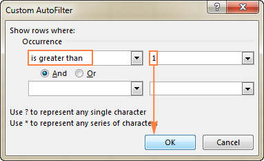 Filter duplicate occurrences greater than 1.