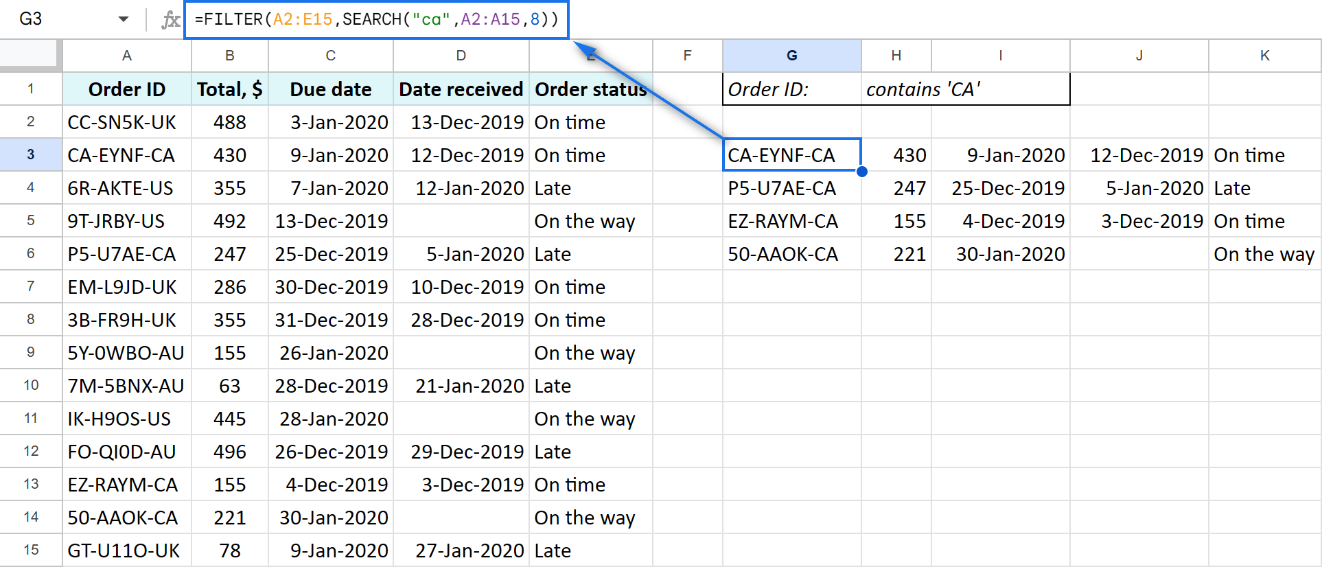 Google Sheets: FILTER function contains text.