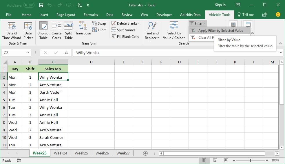 Select the cell of interest and click <em>Apply Filter by Selected Value</em>