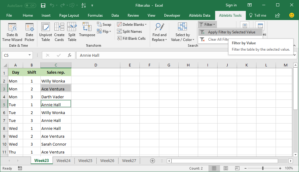 Select several cells and click <em>Apply Filter by Selected Value</em>