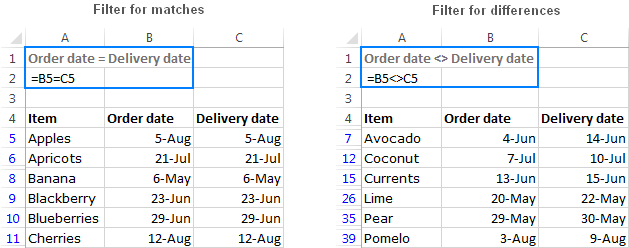 Filter for matches and differences between two columns