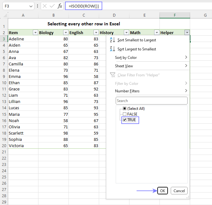 Filter every other row in Excel.