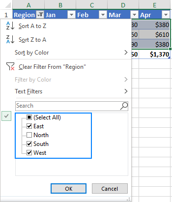 Filtering the table data