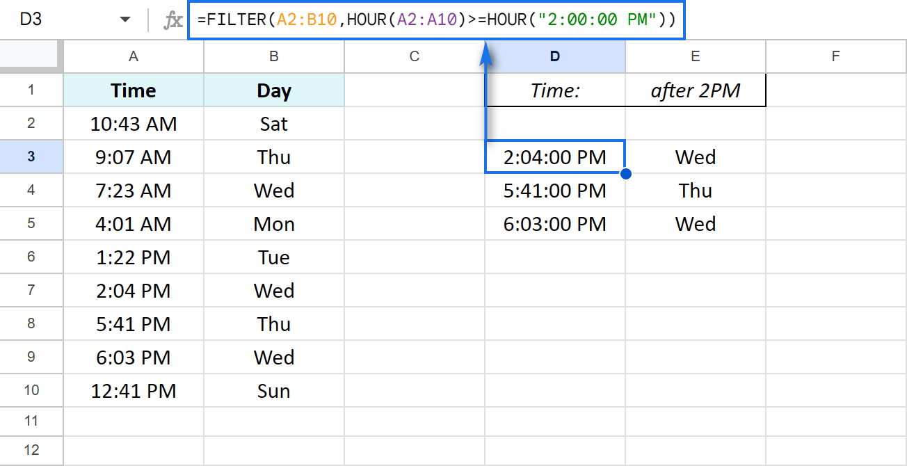 How to use the HOUR function in the FILTER function.