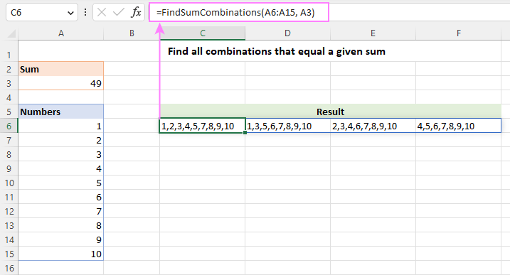 Find all combinations of numbers that equal a given sum.