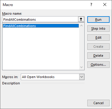 Run the FindAllCombinations macro.