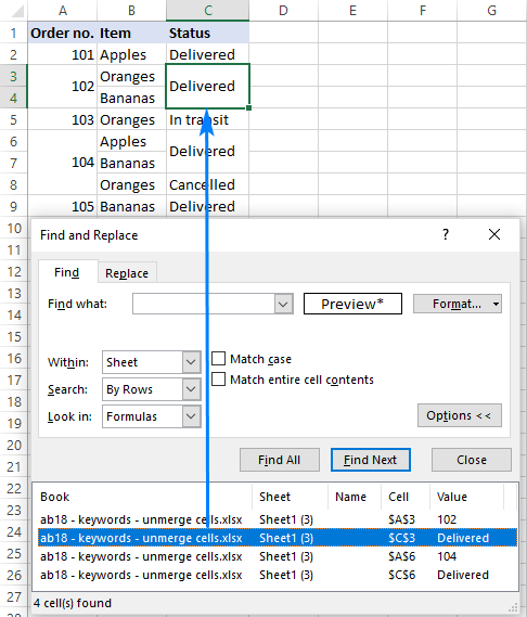 All merged cells in the worksheet are found.